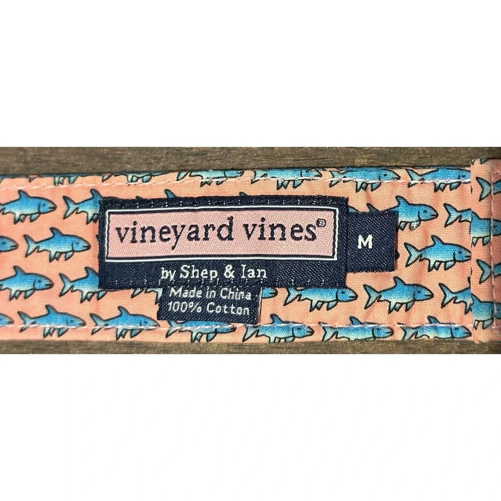 Vineyard Vines Cotton Belt With Blue Sharks on Pink Sz Medium Silver Buckle